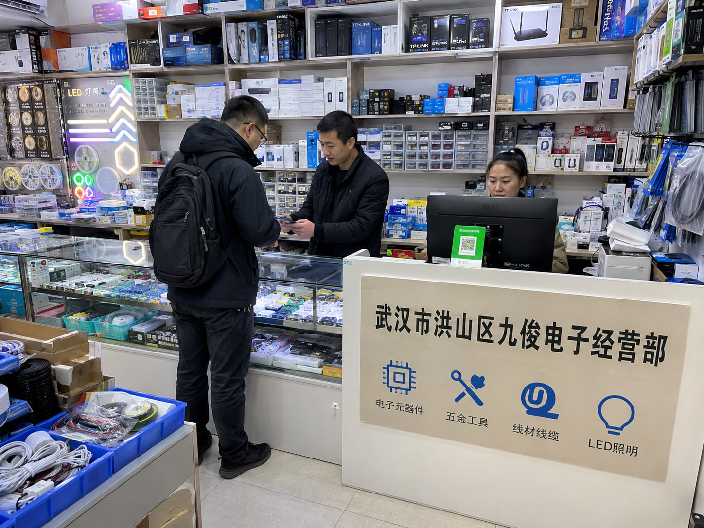 九俊电子经营部门店柜台与产品展示