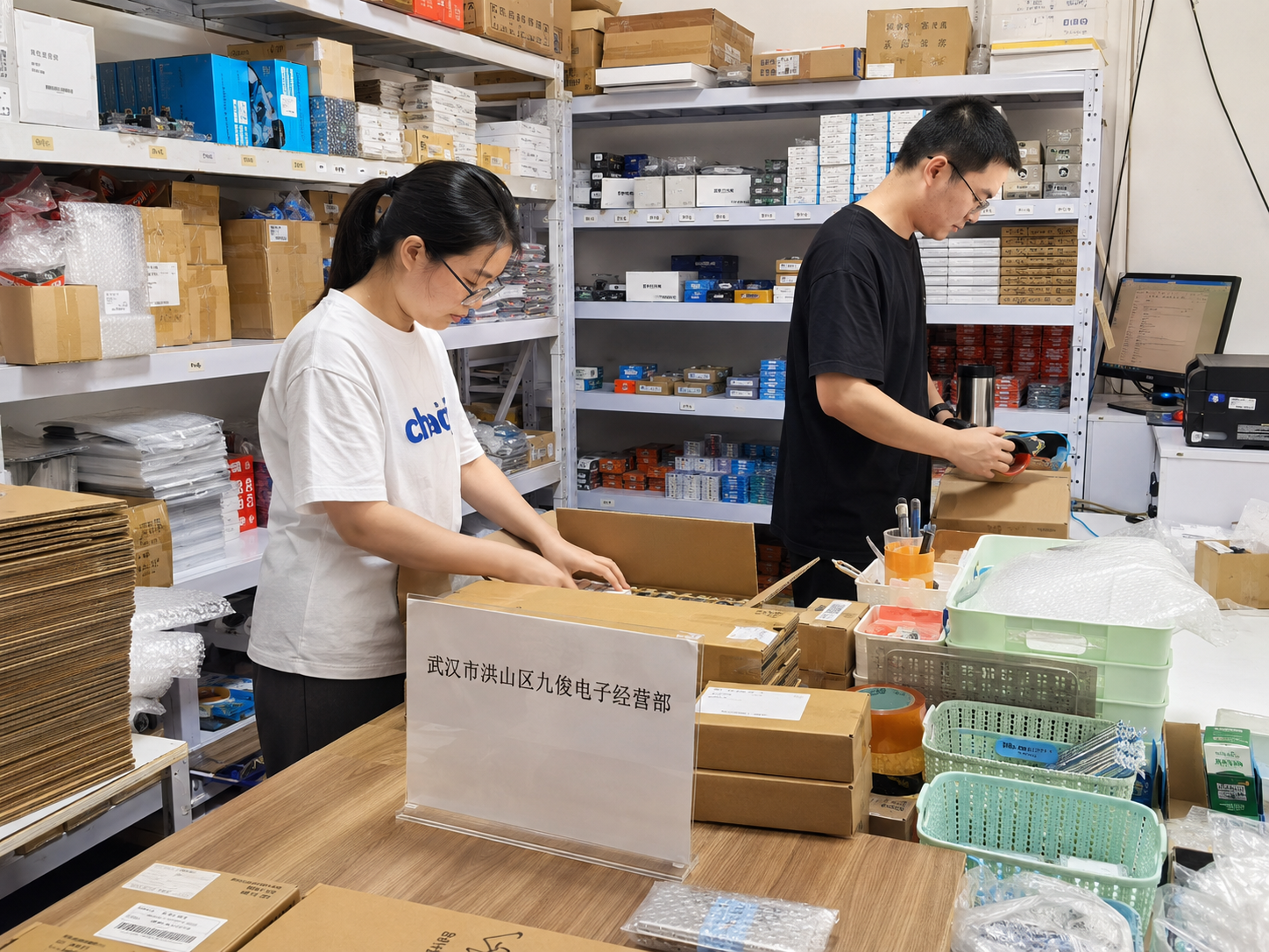 九俊电子经营部配件整理场景